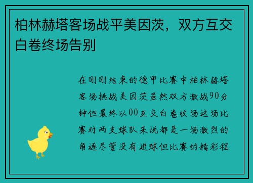 柏林赫塔客场战平美因茨，双方互交白卷终场告别